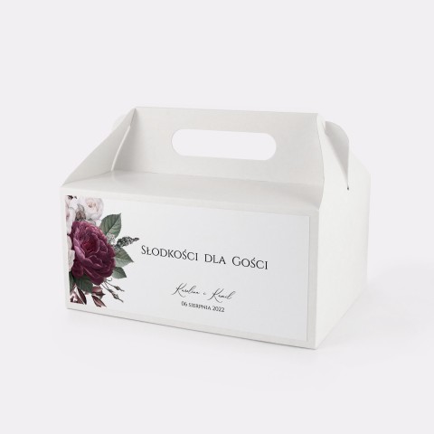 Pudełka na ciasto weselne z białymi i bordowymi kwiatami - Rose & White
