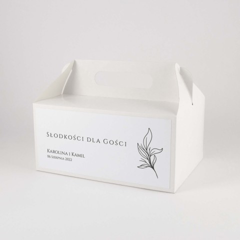 Pudełka na ciasto weselne z minimalistycznymi liśćmi