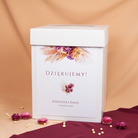 Pudełko na koperty weselne boho z motywem suszonych kwiatów - Sunset, Dry Leaves