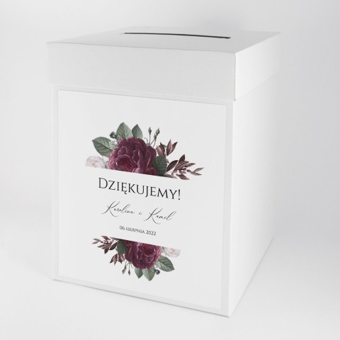 Pudełko na koperty weselne z białymi i bordowymi kwiatami - Rose & White