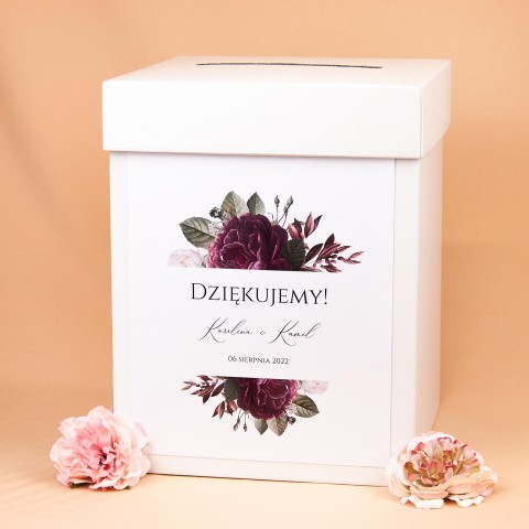 Pudełko na koperty weselne z białymi i bordowymi kwiatami - Rose & White, Maroon Flowers
