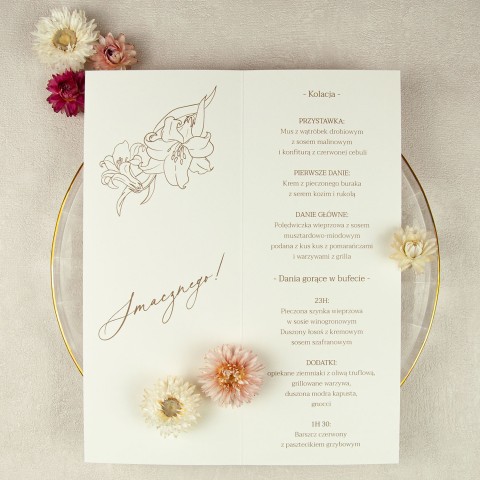 Rozkładane menu weselne z motywem kwiatów - Lily Ecru