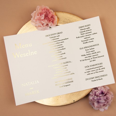 Rozkładane menu z pozłacanymi napisami na papierze ecru - Blossom