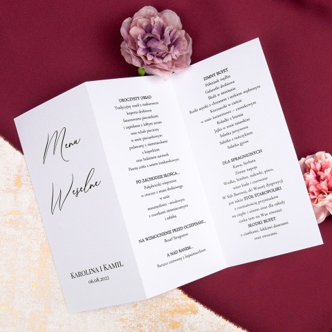 Rozkładane minimalistyczne menu weselne - Minimalist White