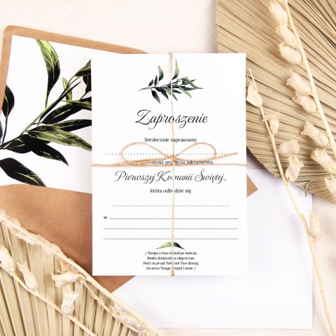 Rustykalne zaproszenia na Komunię Świętą z jutowym sznureczkiem do uzupełnienia - Rustic Boho Communion