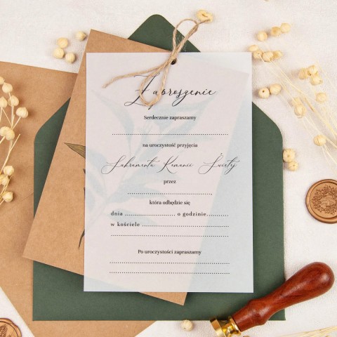 Rustykalne zaproszenia na Komunię Świętą z kalką i gałązką oliwną do uzupełenienia - Big Leaves Communion