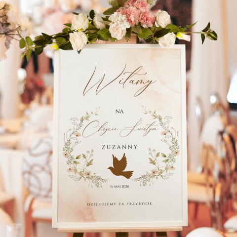 Tablica powitalna gości z motywem gołębia oraz kwiatami - Holy Baptism