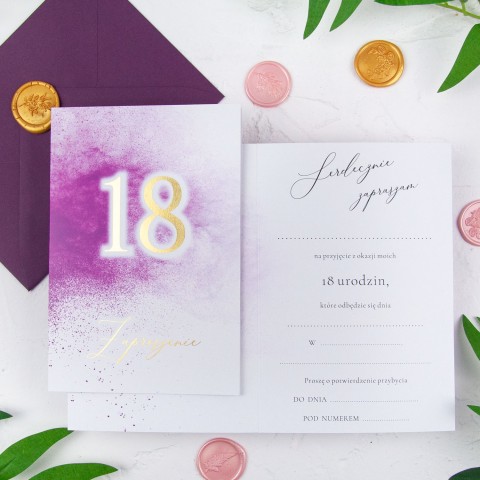 Wyjątkowe zaproszenie na 18 urodziny do własnoręcznego uzupełnienia - Purple Speck
