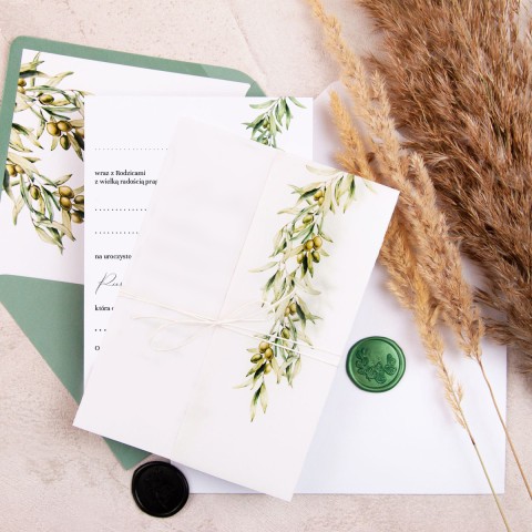 Zaproszenia na Komunię Świętą z kalką i motywem gałązek oliwnych do uzupelnienia - Pure Olive Communion