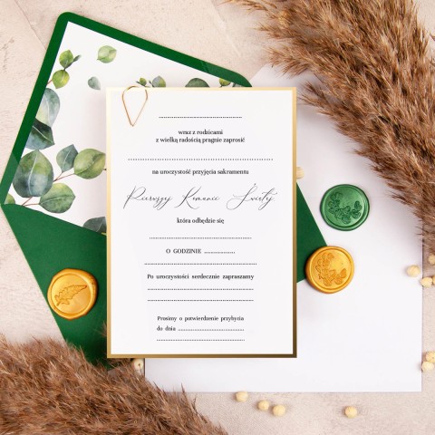Zaproszenia na Komunię Świętą ze złotym spinaczem i lustrzaną ramką do uzupełnienia - Destiny Communion
