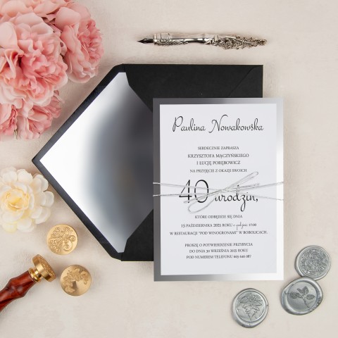 Eleganckie zaproszenia na urodziny ze srebrnym lustrzanym papierem - Silver Birthday