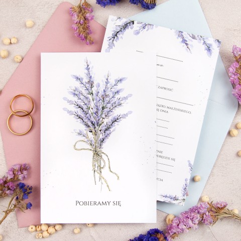 Zaproszenia ślubne fioletowe z bukietem lawendy do własnoręcznego uzupełnienia - Lavender Flower - LAST MINUTE