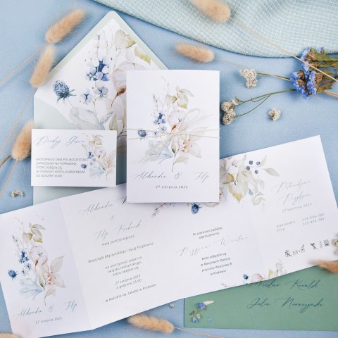 Zaproszenia ślubne otwierane na 4 części z botanicznym motywem - Blue Forest