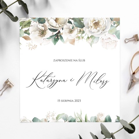 Botaniczne Zaproszenia Ślubne z bukietem białych kwiatów - White