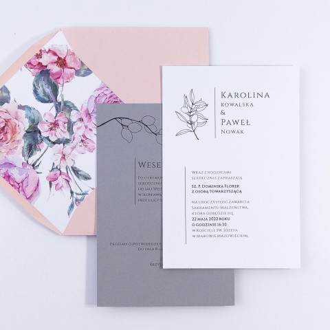 Zaproszenia ślubne szkicowane listki i kwiaty - Queen Grey