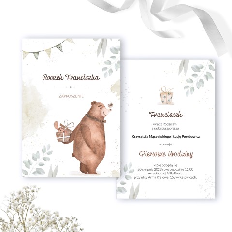 Zaproszenia na roczek z niedźwiadkiem i prezentem - Teddy Gift