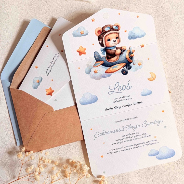 Zaproszenia na chrzest na fakturowanym papierze z misiem pilotem - Flying Teddy