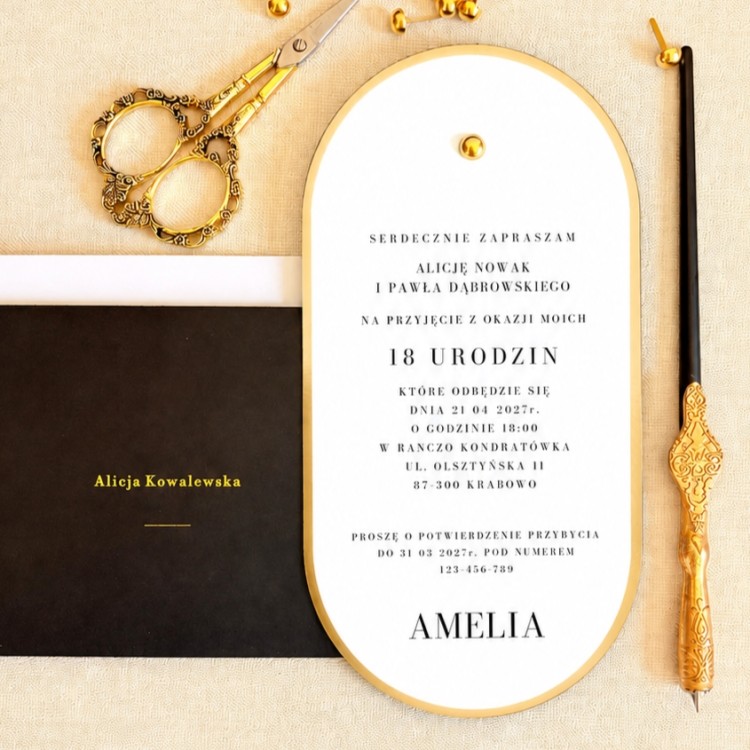 Eleganckie zaproszenia na 18 urodziny - Noir Elegance Gold 18