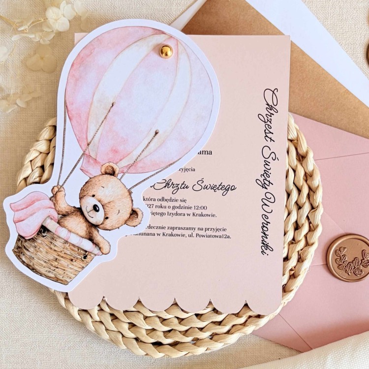Zaproszenia na chrzest z różowym misiem w balonie i złotym pinem - Pink Teddy Balloon