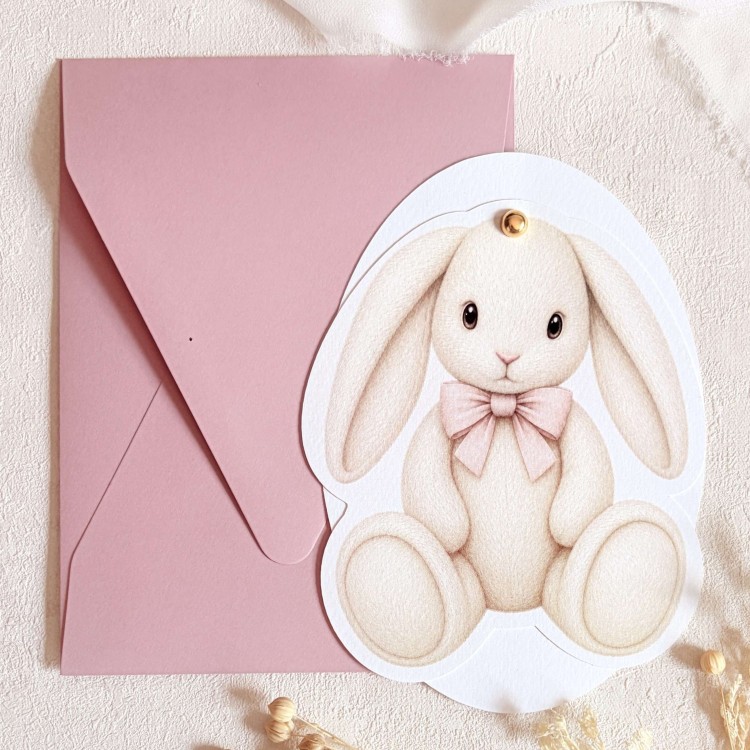 Zaproszenia na chrzest na fakturowanym papierze z uroczym króliczkiem i złotym pinem- Pink Bunny Blessing