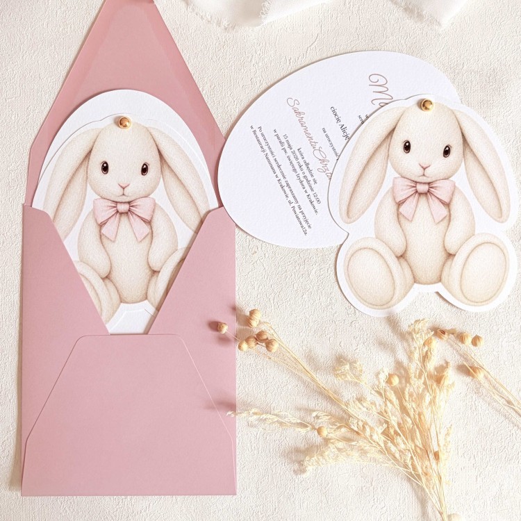 Zaproszenia na chrzest na fakturowanym papierze z uroczym króliczkiem i złotym pinem- Pink Bunny Blessing
