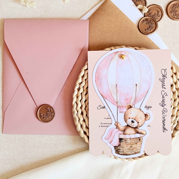 Zaproszenia na chrzest z różowym misiem w balonie i złotym pinem - Pink Teddy Balloon