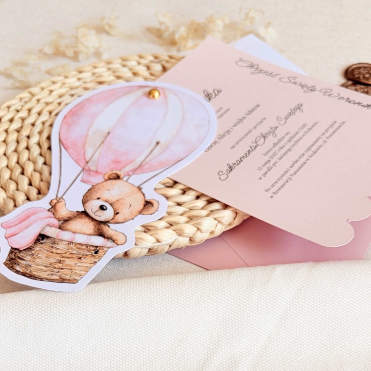 Zaproszenia na chrzest z różowym misiem w balonie i złotym pinem - Pink Teddy Balloon