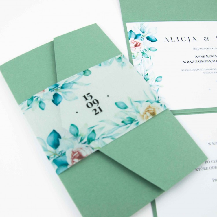 Kopertowe zaproszenia ślubne w kolorze pistacjowym z kwiatami envelope Pistachio