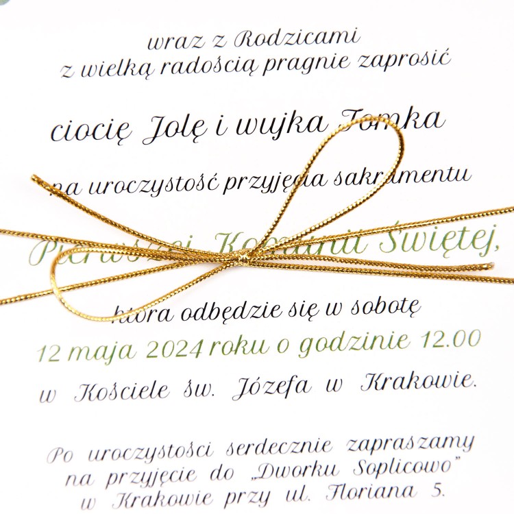 Botaniczne zaproszenia na Komunię Świętą z lustrzaną ramką i złotym sznureczkiem - Eucaliptus Mirror Communion