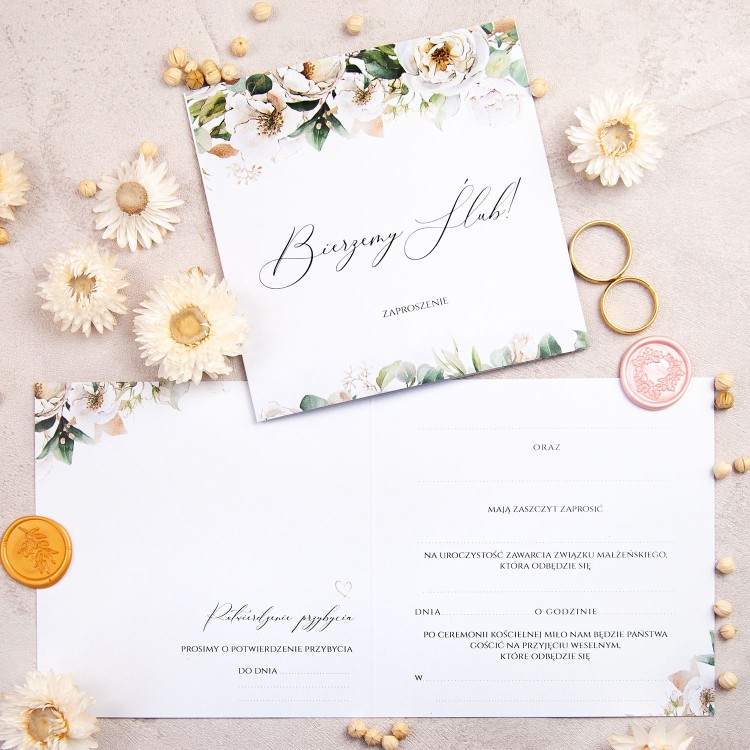 Botaniczne zaproszenia ślubne z bukietem białych kwiatów do własnoręcznego uzupełnienia - White - LAST MINUTE