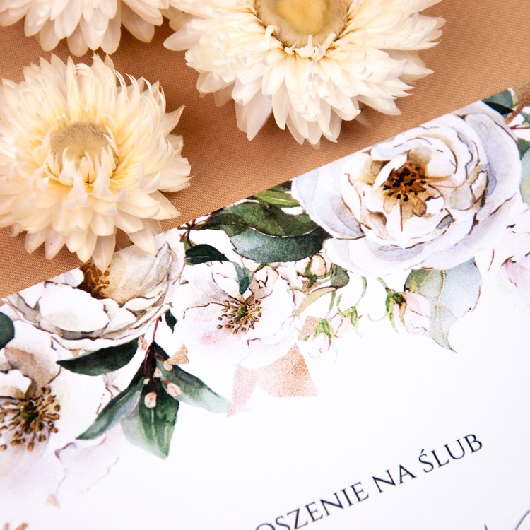 Botaniczne Zaproszenia Ślubne z bukietem białych kwiatów - White - PRÓBKA