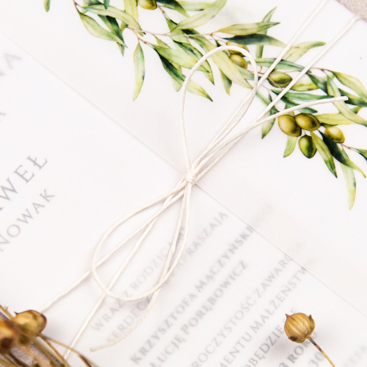 Dwustronne zaproszenia ślubne z kalką i motywem gałązek oliwnych - Pure Olive