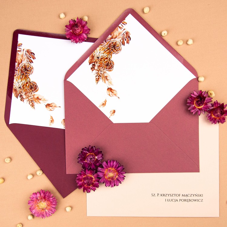 Dwustronne zaproszenia ślubne z listkami i suszonymi kwiatami - Dry Leaves - PRÓBKA