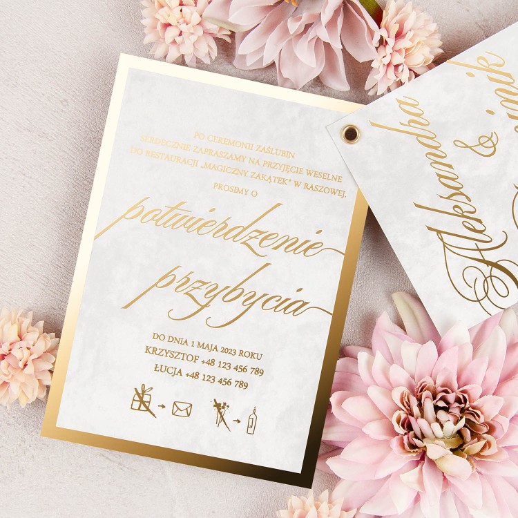Eleganckie pozłacane zaproszenia ślubne ze złotą ramką - Gold Mirror Marble - PRÓBKA
