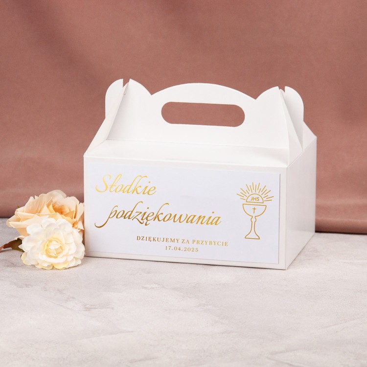 Eleganckie pudełko na ciasto z pozłacanymi napisami - Golden Host