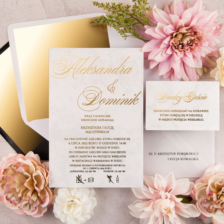 Eleganckie zaproszenia ślubne na papierze marmurkowym ze złotym wykończeniem - Magnificent Gold - PRÓBKA