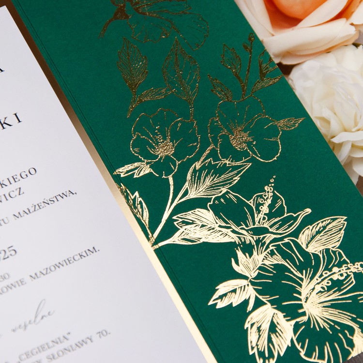 Eleganckie zaproszenia ślubne z pozłacanymi kwiatami na zielonym papierze - Green Princess