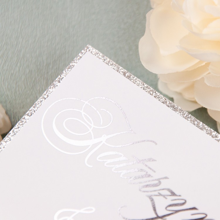 Eleganckie zaproszenia ślubne ze srebrnym brokatem jako ramka - Cute Glitter Khaki