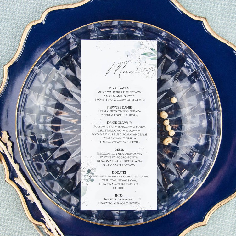 Jednokartowe menu weselne z motywem delikatnych niebieskich listeczków - Green Calendar