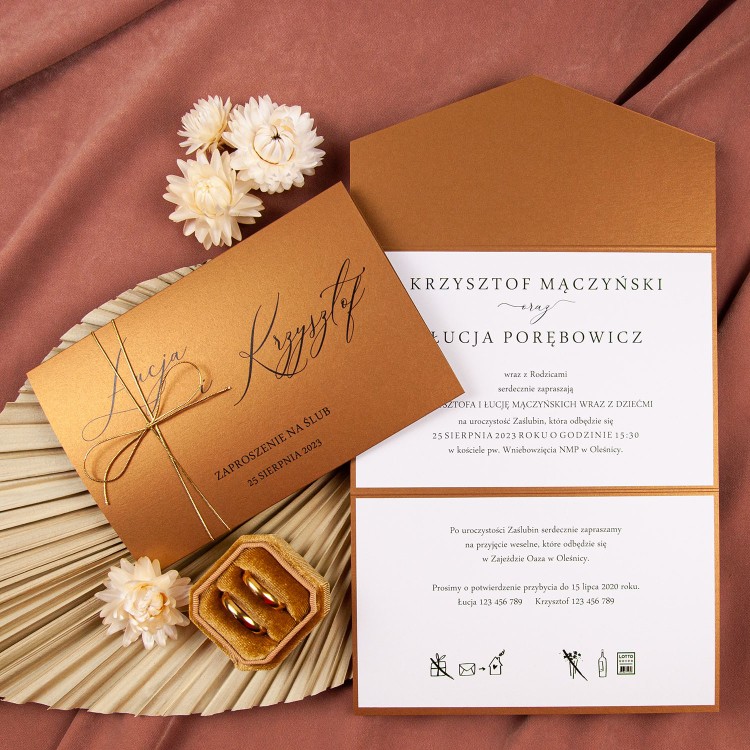 Klasyczne zaproszenia ślubne na złotym papierze - Gold Envelope - PRÓBKA