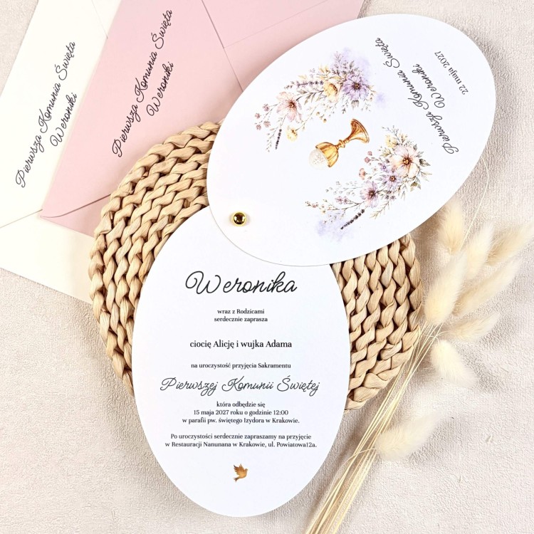 Zaproszenia na Pierwsza Komunie Świętą na fakturowanym papierze z grafiką kielicha- Blooming Grace
