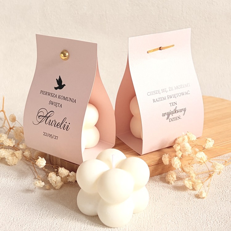 Podziękowania dla Gości Komunia – Świeca Sojowa Bubble w różowym etui