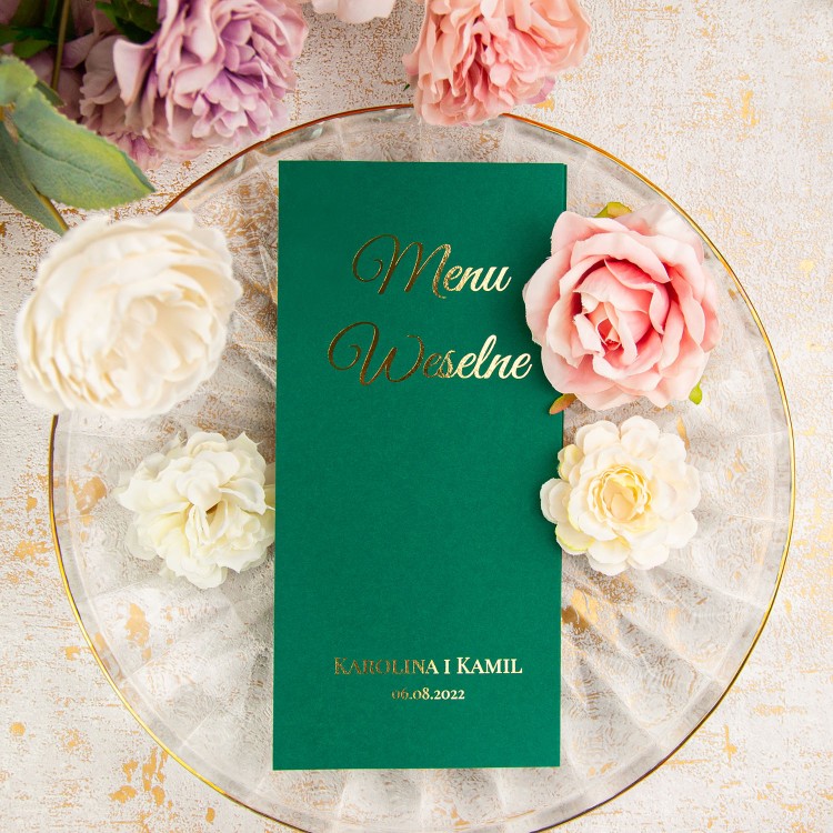 Menu weselne ze złotym wykończeniem - Green Envelope Gold
