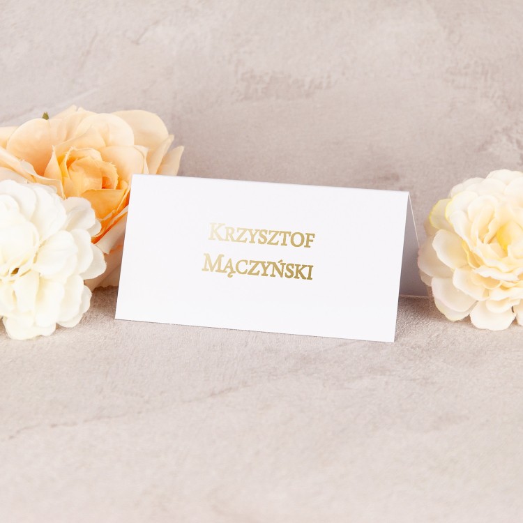 Minimalistyczne białe winietki na stoły weselne ze złotym wykończeniem - Slim White Gold - PRÓBKA