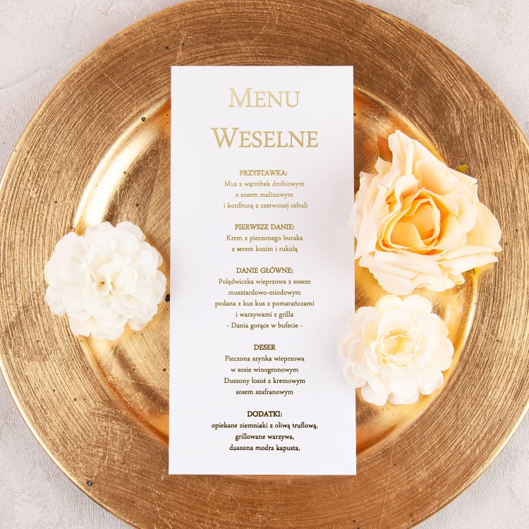 Minimalistyczne menu jednokartowe do położenia na stole lub talerzu ze złotym wykończeniem - Slim White Gold - PRÓBKA