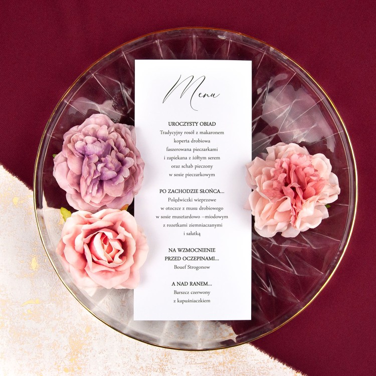 Minimalistyczne jednokartowe menu weselne - Minimalist White - PRÓBKA