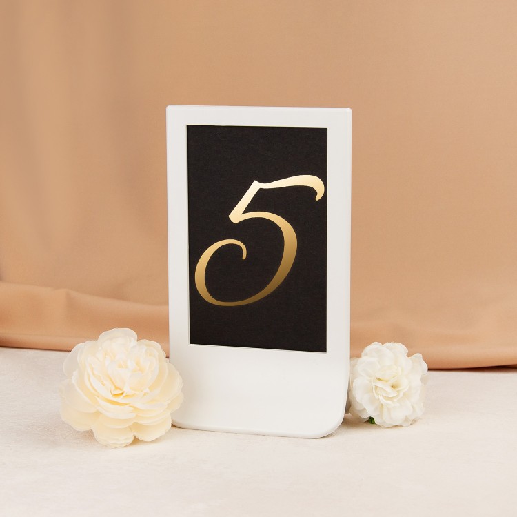 Minimalistyczne numery stołów weselnych w białej ramce - Gold Mirror Black