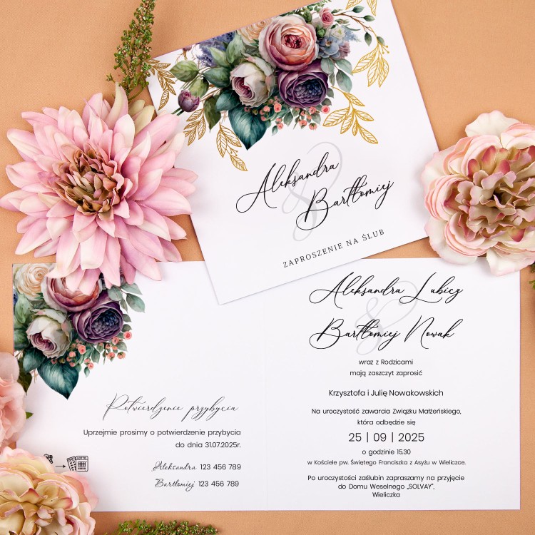 Minimalistyczne otwierane zaproszenia ślubne z motywem kwiatowym - Botanic - PRÓBKA