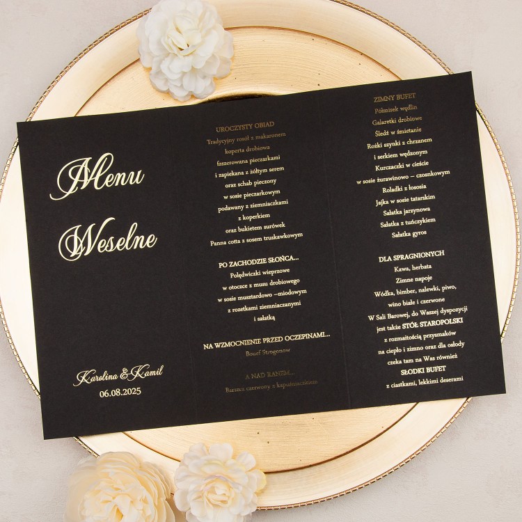Minimalistyczne pozłacane otwierane menu weselne - Gold Mirror Black - PRÓBKA