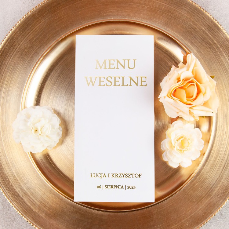 Minimalistyczne rozkładane menu w kolorze białym ze złotym wykończeniem - Slim White Gold